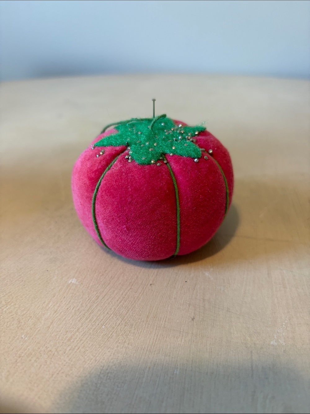 Velvet Vintage Tomato Pin Cushion in Pink with Green Top Mid Century